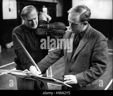 May 05, 1965 - Yehudi Menuhin At Bath Festival Rehearsal: The world famous violinist Yehudi Menuhin, and Malcolm Williamson, the composer of new work to be performed at the Bath Festival, this morning attended a rehearsal at St. Michael's Hall, Highgate. Photo shows Yehudi Menuhin and Malcolm Williamson, pictured at today's rehearsal. (Credit Image: © Keystone Press Agency/Keystone USA via ZUMAPRESS.com) Stock Photo