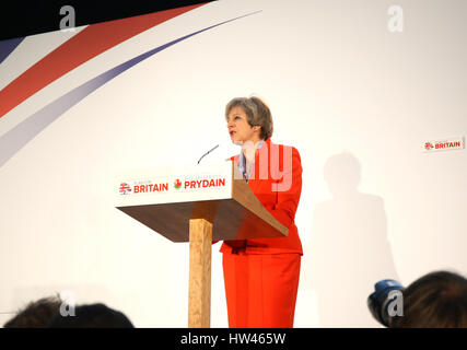 Cardiff, UK, 17th Mar, 2017. The Prime Minister Theresa May speaks at the Conservative Spring Forum taking place at the SSE SWALEC Stadium Stock Photo