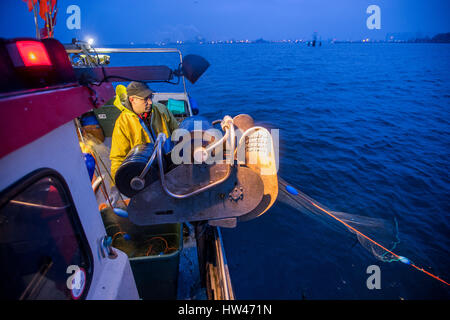 Wismar, Germany. 17th Mar, 2017. Fisherman Martin Saager pulls nets on board the Seeadler trawler off the coast of Wismar, Germany, 17 March 2017. The fishing industry in the state of Mecklenburg-Western Pomerania is currently threatened by a combination of sinking EU fishing quotas, low demand, and rising costs. The area used to support some 170 fishing operations; today only three remain. Photo: Jens Büttner/dpa-Zentralbild/dpa/Alamy Live News Stock Photo