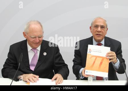 (170317) -- BADEN-BADEN (GERMANY), March 17, 2017 (Xinhua) -- The Organisation for Economic Co-operation and Development (OECD) Secretary-General Angel Gurria (R) and German Finance Minister Wolfgang Schaeuble attend a press conference in Baden-Baden, Germany on March 17, 2017. The Organisation for Economic Co-operation and Development (OECD) on Friday called on countries to consider inclusiveness as the prime object when deploying economic reform policies. (Xinhua/Zhang Yuan) Stock Photo