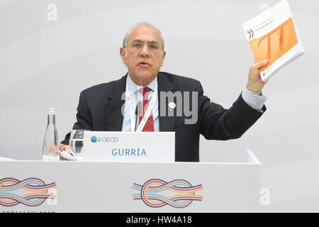 (170317) -- BADEN-BADEN (GERMANY), March 17, 2017 (Xinhua) -- The Organisation for Economic Co-operation and Development (OECD) Secretary-General Angel Gurria addresses a press conference in Baden-Baden, Germany on March 17, 2017. The Organisation for Economic Co-operation and Development (OECD) on Friday called on countries to consider inclusiveness as the prime object when deploying economic reform policies. (Xinhua/Zhang Yuan) Stock Photo