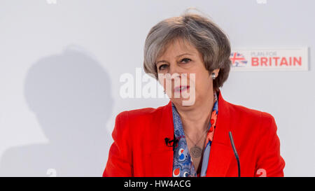 London, UK. 17th Mar, 2017. British Prime Minister Theresa May speaks at the Conservative Party's Spring Conference in Cardiff, Wales, Britain on March 17, 2017. Nicola Sturgeon's Scottish National Party (SNP) were on Friday accused by British Prime Minister Theresa May of using Brexit as a pretext to engineer a second independence referendum for Scotland. Credit: Xinhua/Alamy Live News Stock Photo