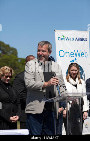 Titusville, Florida, USA. 16th March, 2017. Brian Holz, CEO of OneWeb Satellites, speaks during the groundbreaking ceremony at Kennedy's Exploration Park for OneWeb March 16, 2017 in Titusville, Florida. The company, in partnership with Airbus, is building a 150,000-square-foot factory to manufacture satellites that will connect all areas of the world to the Internet wirelessly. Credit: Planetpix/Alamy Live News Stock Photo