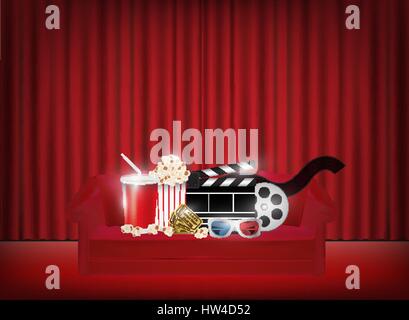 pop corn drink film 3d glasses on a sofa with red curtain background Stock Vector