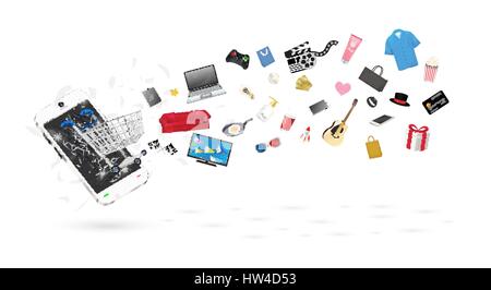 smartphone with many shopping objects floating on a white background Stock Vector