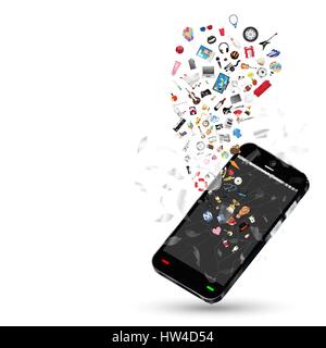 smartphone with many shopping objects floating on a white background Stock Vector