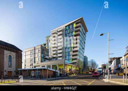 Exterior view of Elizabeth House, Wembley, London, UK. A 13-storey residential led development with retail space on the ground and first floors. Stock Photo