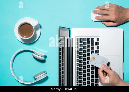 Top view of male hands making online payment Stock Photo