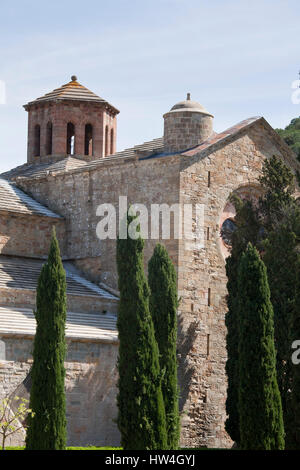 Rear of the Abbey Church from The Rose Garden in Fontfroide Abbey, Languedoc-Roussilon, France. Stock Photo