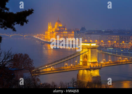 The Parliament Building and Chain Bridge over the Danube River seen from Castle Hill district. Budapest Hungary, Southeast Europe Stock Photo