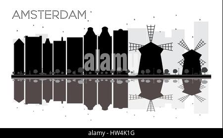 Amsterdam City skyline black and white silhouette with reflections. Vector illustration. Simple flat concept for tourism presentation, banner, placard Stock Vector