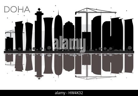 Doha City skyline black and white silhouette with reflections. Vector illustration. Simple flat concept for tourism presentation, banner Stock Vector