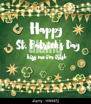 Saint Patrick's Day Background with Clover Leaves, Neon Lights and Golden Stars. Vector illustration. Stock Vector