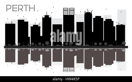 Perth City skyline black and white silhouette with reflections. Vector illustration. Simple flat concept for tourism presentation, banner Stock Vector