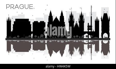 Prague City skyline black and white silhouette with reflections. Vector illustration. Simple flat concept for tourism presentation, banner Stock Vector