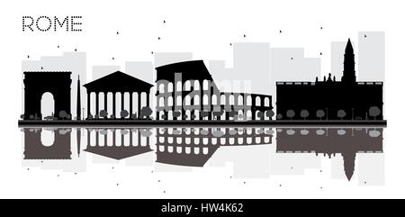 Rome City skyline black and white silhouette with reflections. Vector illustration. Simple flat concept for tourism presentation, banner Stock Vector