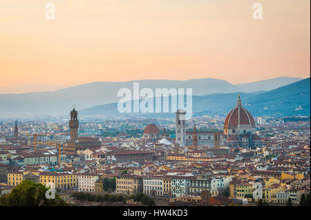 Florence skyline, scenic view across the center of Florence at dusk with the cathedral (Duomo) towering above the city, Firenze, Tuscany, Italy Stock Photo