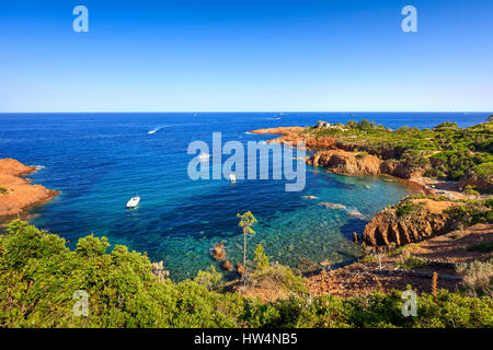 red rocks coast and sea at the French Riviera in Cote d Azur near ...