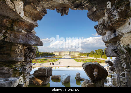 Vienna, Austria - August 14, 2016: Fountain view of the Schonbrunn Palace, former imperial summer residence and a major tourist attraction in the city