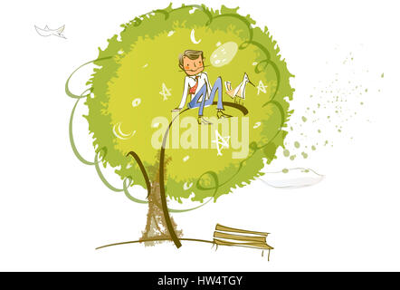 animal themes,animal,bench,bird,avian,branch,businessman,business,button down shirt,clipart,color,colour,color image,computer graphics,concepts,crescent moon,day,digitally generated image,formal clothing,front Stock Photo