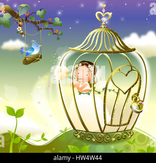 animal themes,animal,bird,avian,branch,cage,casual clothing,clipart,cloud,color,colour,color image,computer graphics,day,digitally generated image,fairy,fantasy,flower,front view,graphics,heart shape,holding,horizontal,illustration,lock,metal,one animal,one Stock Photo