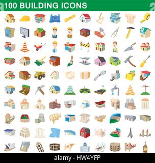 100 building icons set, cartoon style Stock Vector