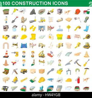 100 construction icons set, cartoon style Stock Vector