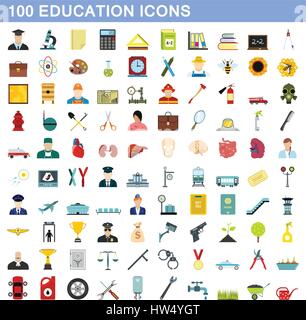 100 education icons set, flat style Stock Vector
