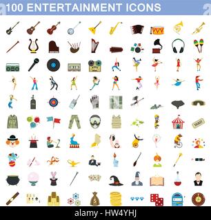 100 entertainment icons set, flat style Stock Vector