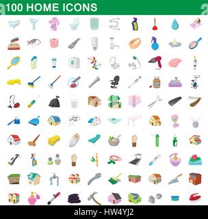 100 home icons set, cartoon style Stock Vector
