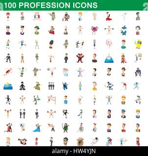 100 profession icons set, cartoon style Stock Vector