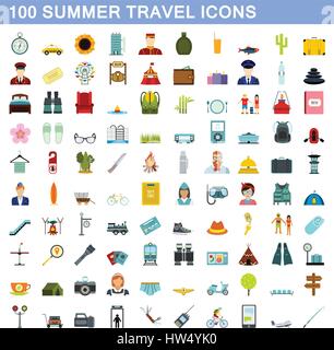 100 summer travel icons set, flat style Stock Vector