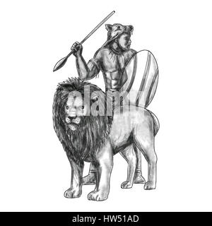 Tattoo style illustration of an african warrior holding spear and shield looking to the side with lion in front of him facing front set on isolated wh Stock Photo