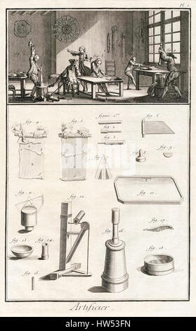 ‘Artificier’ illustration of a 19th century workshop making fireworks with the tools and methods detailed below. Plate 1 from volume 18 of ‘Encyclopédie ou Dictionnaire Raisonné des Sciences, des Arts et des Métiers’ (Encyclopaedia, or a Systematic Dictionary of the Sciences, Arts, and Crafts) edited by Denis Diderot and Jean le Rond d'Alembert. Stock Photo