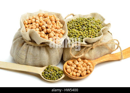 chick-pea, mung beans in the sacks and spoon wooden  isolated on white background Stock Photo