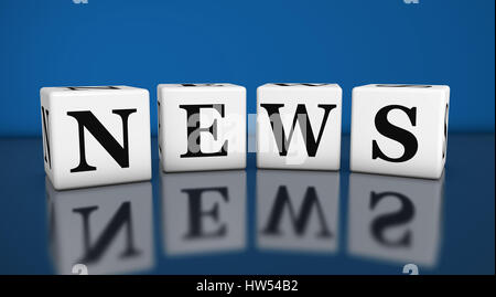 News sign and word on cubes with reflection on desk and blue background 3D illustration. Stock Photo