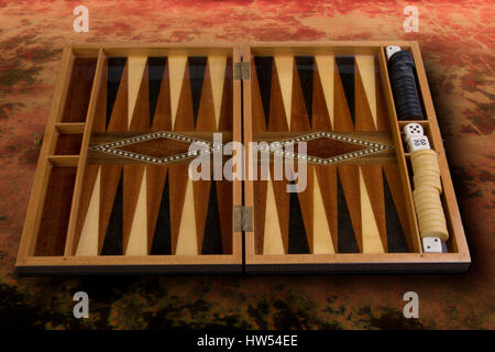 Ornate backgammon set in it's own wooden case Stock Photo
