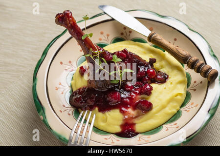 Roasted Duck Leg with Mashed Potatoes, Apples and Red Currants in Red Wine Sauce Stock Photo