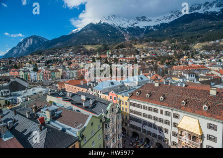 City landscape and aerial view over the roof tops of Innsbruck, provincial capital of the Tirol in Austria Stock Photo