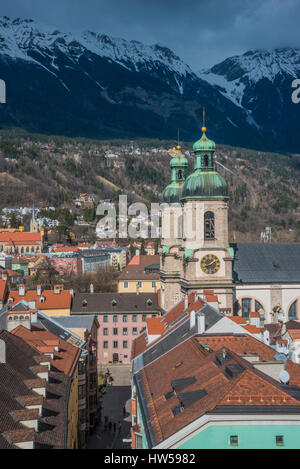 City landscape and aerial view over the roof tops of Innsbruck, provincial capital of the Tirol in Austria Stock Photo