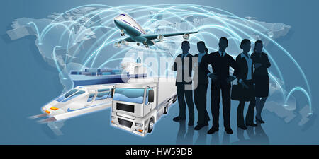 World map flight paths logistics background concept with business team, plane, truck and train Stock Photo