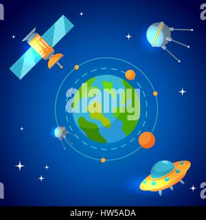 Planet earth and satellites in orbit. alien ship Stock Vector