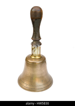 Old school hand bell. Traditional design, wooden handle. Well worn! Stock Photo