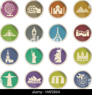 travel and wonders web icons on color paper labels Stock Vector