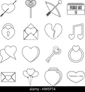 Saint Valentine items icons set, outline style Stock Vector