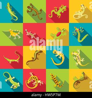 Different lizard icons set, flat style Stock Vector