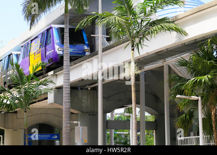 Miami, USA - May 20, 2016: Train of the automated metromover stopping at Bayfront Park Station in downtown. Stock Photo