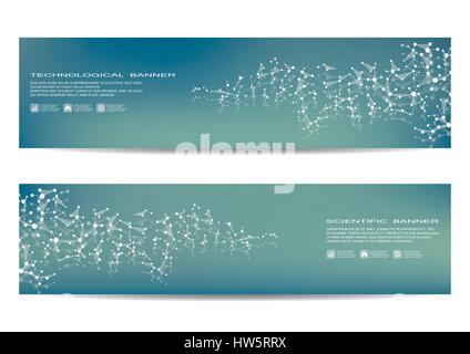Set of modern scientific banners. Molecule structure DNA and neurons. Abstract background. Medicine, science, technology, business, website templates. Scalable vector graphics. Stock Vector