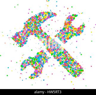 Abstract icon of a hammer and a splash key of multi-colored circles. Vector illustration. Stock Vector