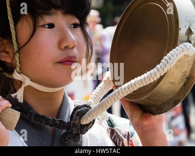 Takayama, Japan - October 9, 2015: Young local dancer in traditional clothing during annual Takayama festival, one of the most famous festivals in Jap Stock Photo